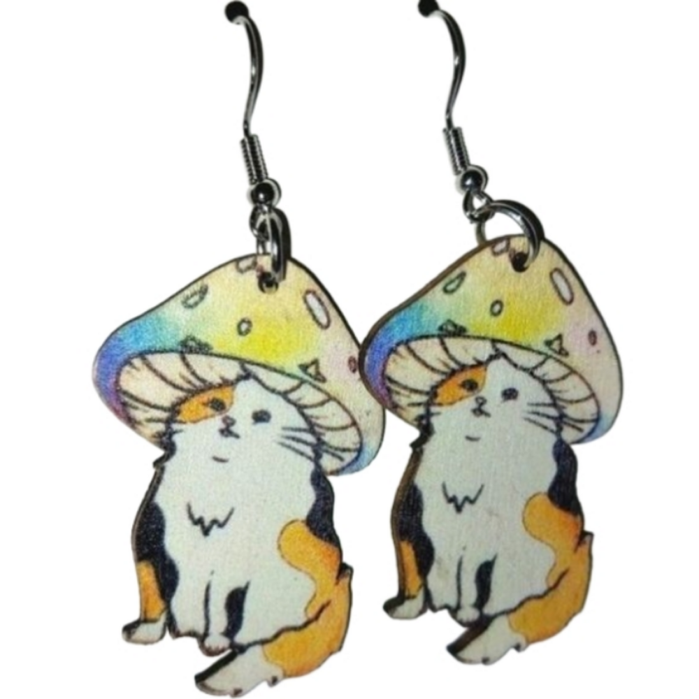 5d Cat And Mushroom dangle earrings For kids And Adults